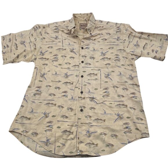 Woolrich Men's Fish Print Short Sleeve Button-Up Shirt Size Large Beige Cotton - Picture 1 of 4